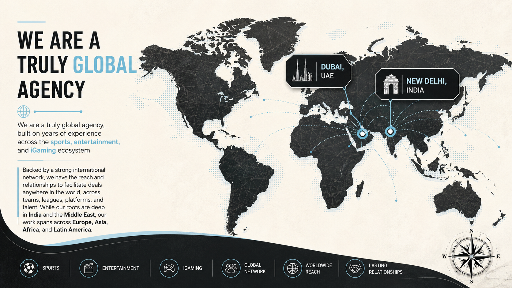 World map highlighting our offices in Dubai and New Delhi